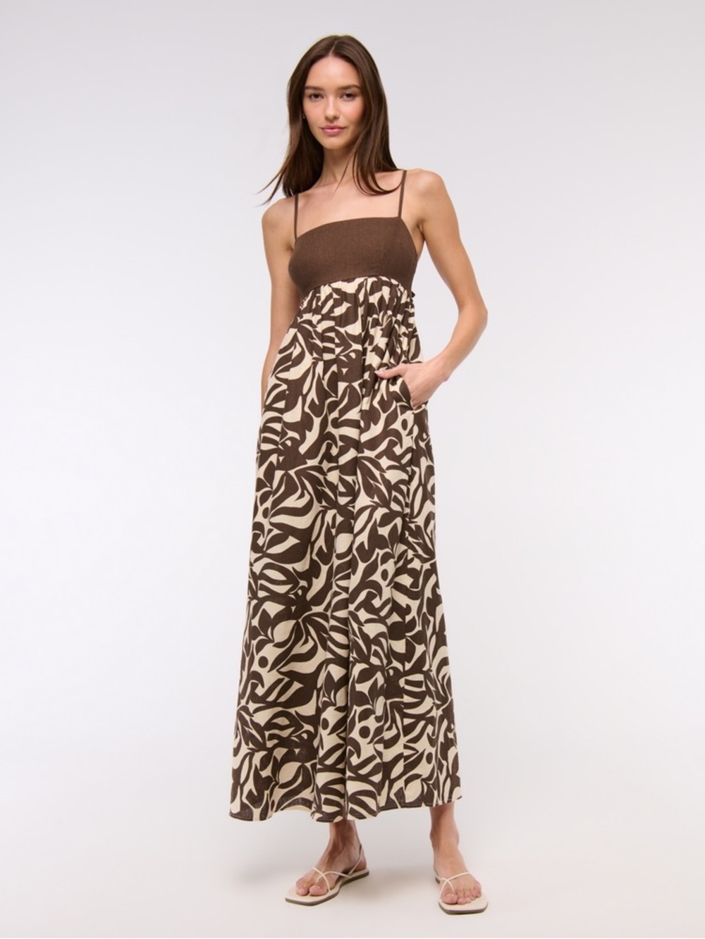NWT Abercrombie & Fitch Women’s Tie Back Babydoll Linen Maxi Dress Brown Cream
